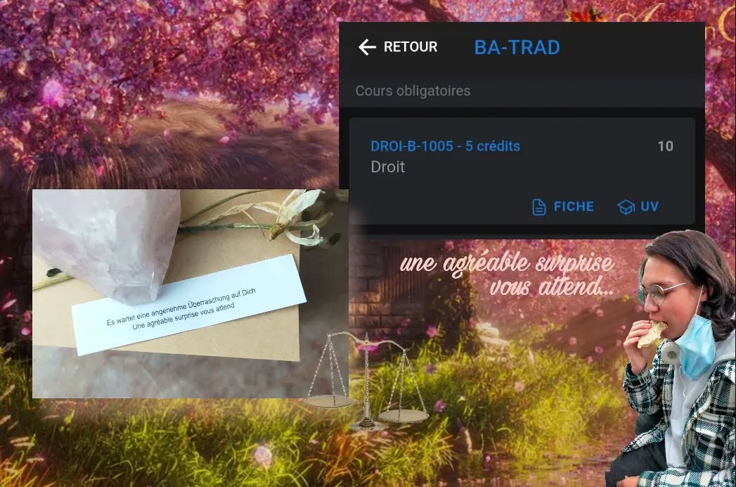 annonce officielle…….. j’ai réussi droit ⚖️🧑🏼‍⚖️ merci (et félicitations 💫) à Baptiste sans qui j’aurais explosé 🍣 à anabelle qui est tjrs trigger par mon bloc note 📝 à Apolline pour ses synthèses‼️ à Ornella de m’avoir remonté le moral 🌞 et à Nicky pour son conseil qui m’a sauvé la vie 🍾 j’espère que tous les habitant.es d’Etterbeek qui m’ont entendu.e crier et pleurer à vélo le 23 mai après-midi sous la drache savent que finalement tout va bien ☮️🕊️
